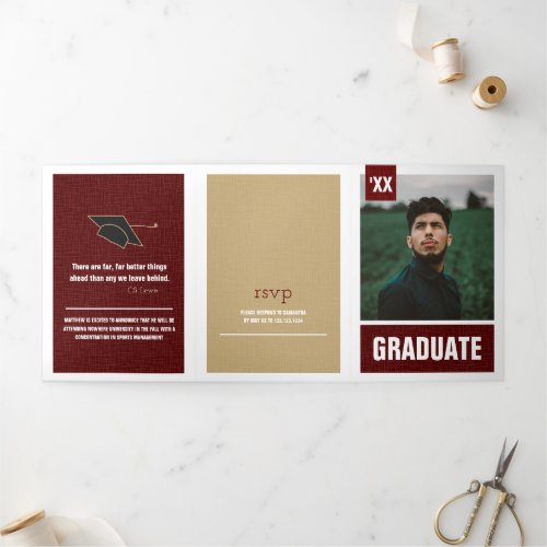 Maroon Modern Textured Photo Graduation Tri_Fold Invitation