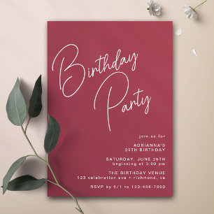 Maroon Modern Typography Burgundy Red Birthday Invitation