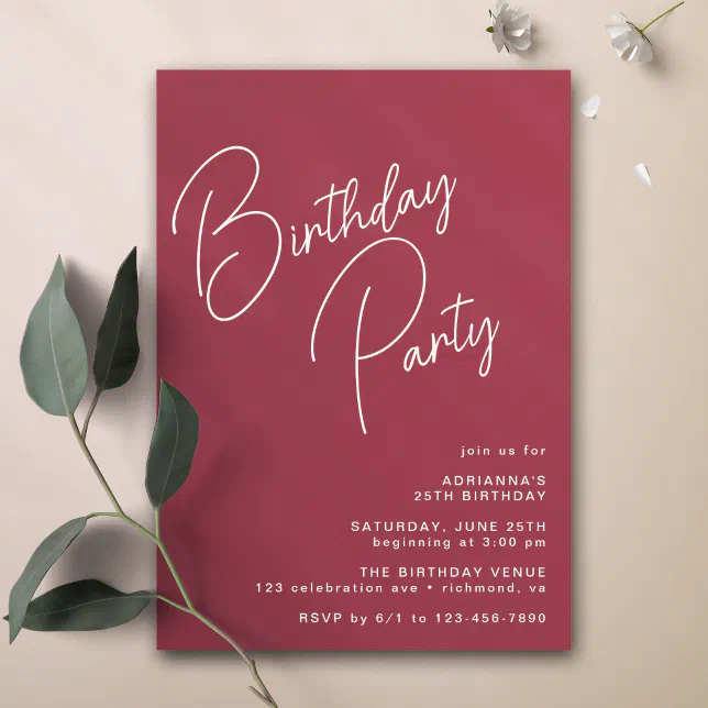 Maroon | Modern Typography Burgundy Red Birthday Invitation | Zazzle