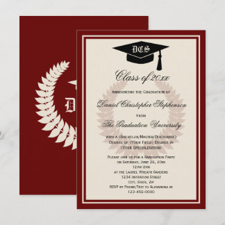 Maroon Monogram Laurel Classic College Graduation Invitation