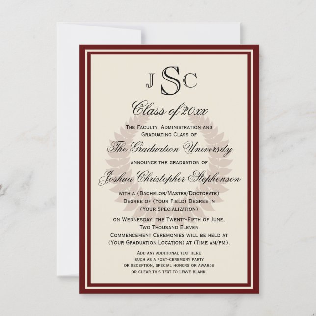 Maroon Monogram Laurel Classic College Graduation Invitation (Front)