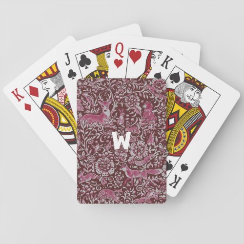 Maroon Monogram Woodland Forest Animals Vintage Poker Cards