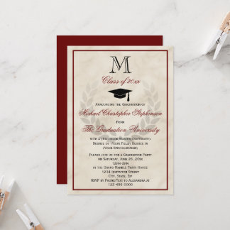 Maroon Monogram Wreath Classic College Graduation Invitation