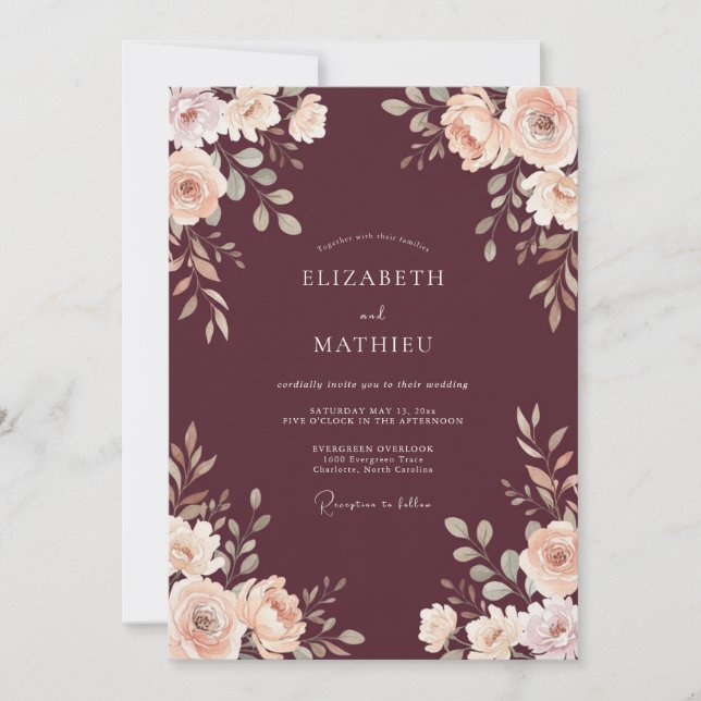 Maroon Moody Botanical Wedding Invitation (Front)