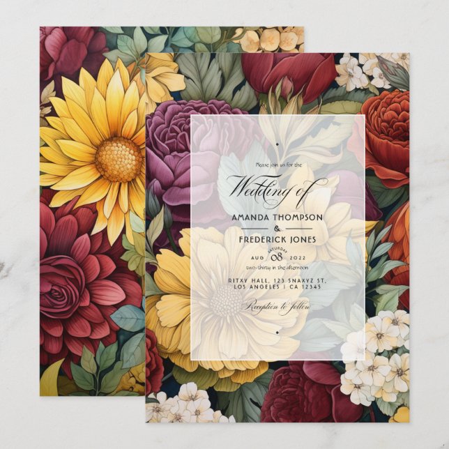 Maroon, Mustard Yellow, and Olive Green Wedding Invitation (Front/Back)
