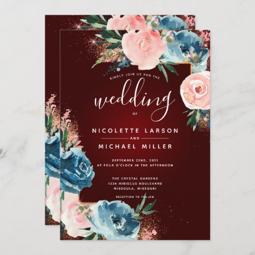 Maroon Navy Blue and Blush Floral Gold Glitter Invitation