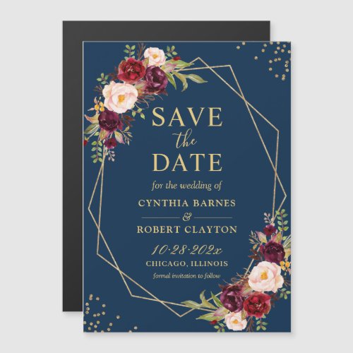Maroon Navy Floral Geometric Save the Date Magnet - Burgundy Red Blush Floral Navy Blue Save the Date Magnet Magnetic Card