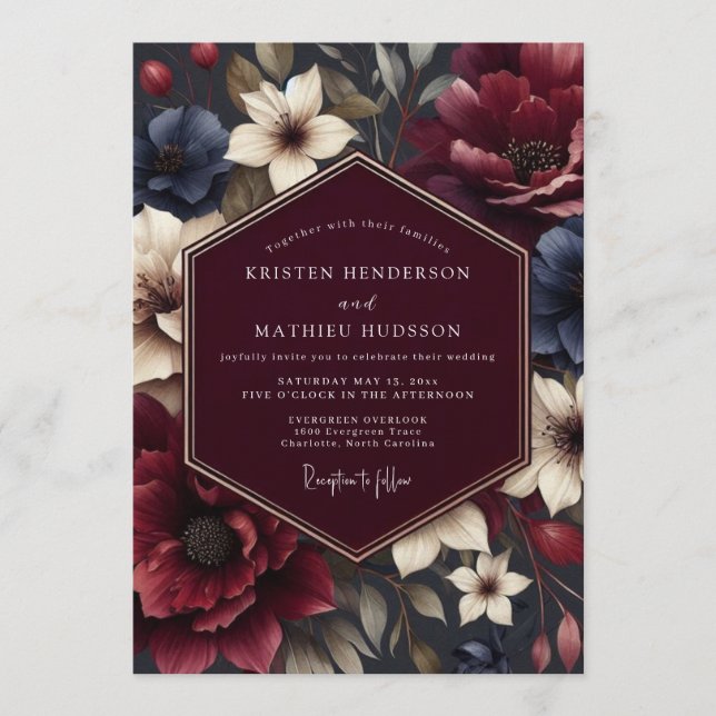 Maroon Nocturnal Bloom Wedding Invitation (Front)