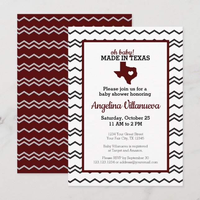 Maroon Oh Baby! Chevron Made in Texas Shower Invitation (Front/Back)