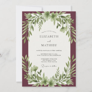 Maroon Olive Leaf Wedding Invitation