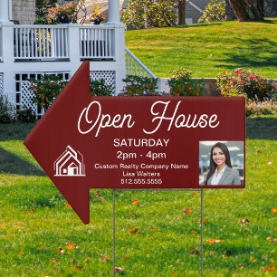 Maroon Open House Real Estate Company Logo Arrow Sign