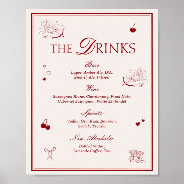 Maroon Opera Wedding Bar Drinks Menu Poster (Front)