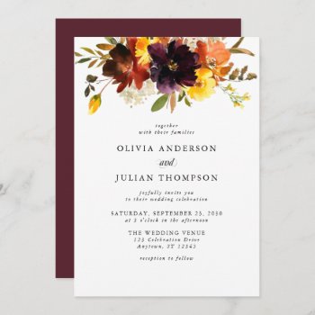 Maroon & Orange Fall Floral Watercolor Wedding Inv Invitation by oddowl at Zazzle