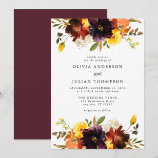 Maroon & Orange Fall Floral Watercolor Wedding Inv Invitation