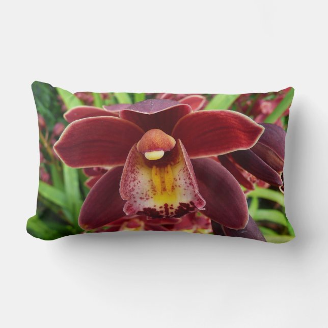 Maroon Orchids I Beautiful Red Floral Lumbar Pillow (Front)