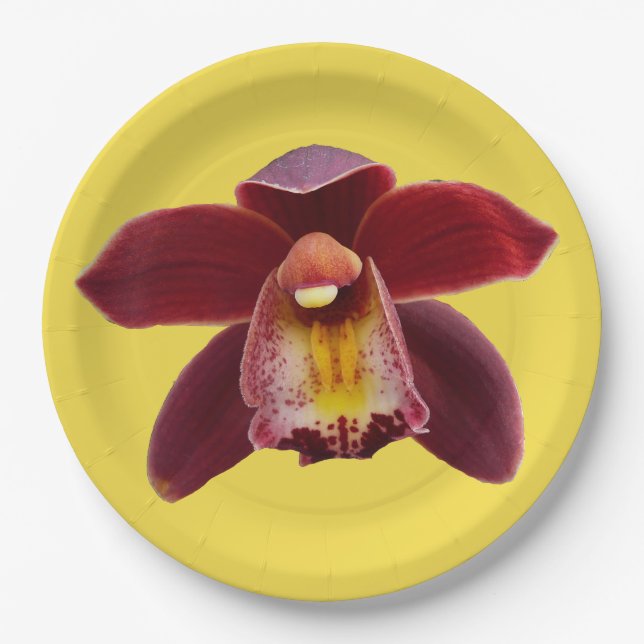Maroon Orchids I Beautiful Red Floral Paper Plates (Front)
