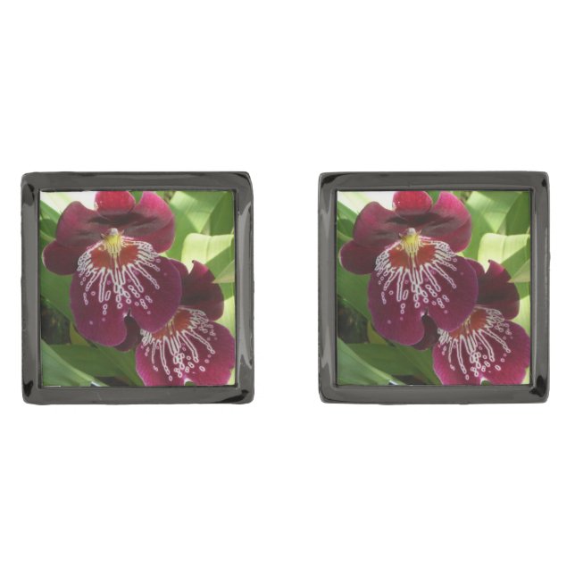 Maroon Orchids II Elegant Floral Cufflinks (Front)