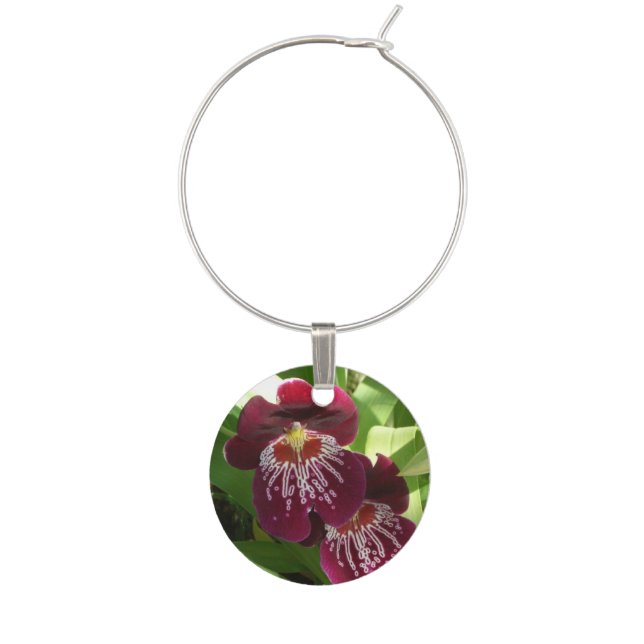 Maroon Orchids II Elegant Floral Wine Charm (Front)