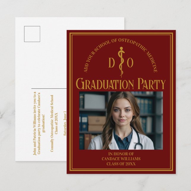 Maroon Osteopathic Medical School Graduation Party Invitation Postcard (Front/Back)