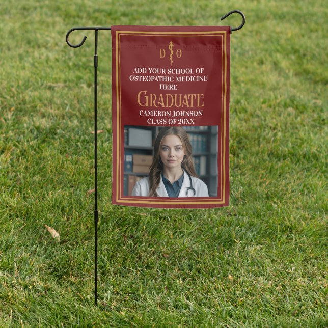 Maroon Osteopathic Medical School Graduation Photo Garden Flag (In SItu)