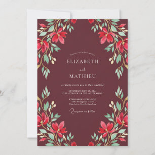 Maroon Painted Leaf Wedding Invitation