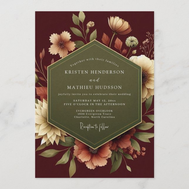 Maroon Painterly Bloom Wedding Invitation (Front)