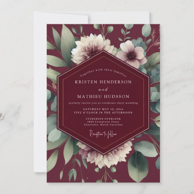 Maroon Painterly Flora Wedding Invitation (Front)