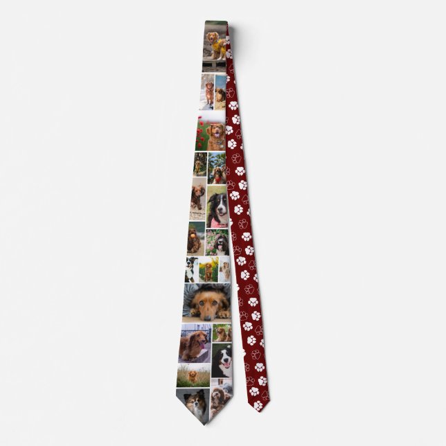 Maroon Paw Print Pattern Dog Photo Collage Neck Tie (Front)