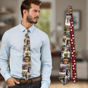 Maroon Paw Print Pattern Dog Photo Collage Neck Tie