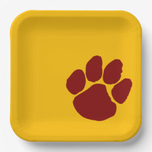 Maroon Pawprint on Gold Paper Party Plates