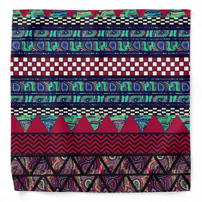 Maroon Peacock Boho Tribal Stripes Pattern Bandana (Front)