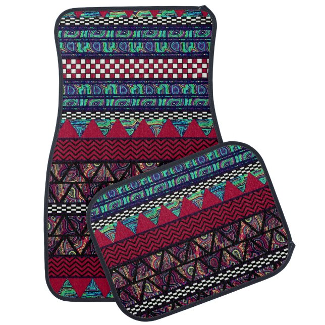 Maroon Peacock Boho Tribal Stripes Pattern Car Floor Mat (Set)