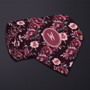 Maroon Peonies Floral Neck Tie