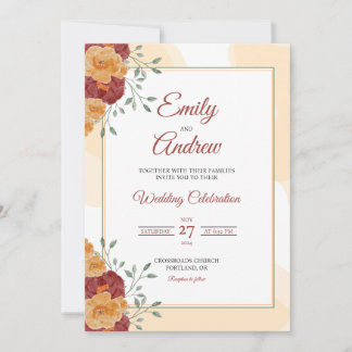 Maroon Peony Elegant Floral Watercolor Wedding Invitation