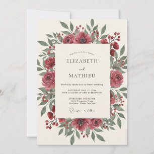Maroon Peony Leafy Wedding Invitation