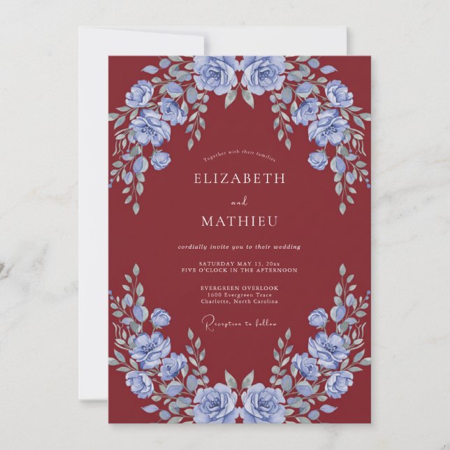 Maroon Periwinkle Blossom Wedding Invitation (Front)