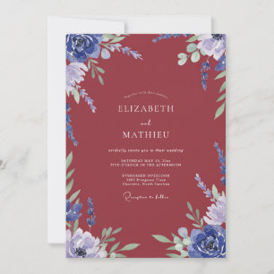 Maroon Periwinkle Leafy Wedding Invitation