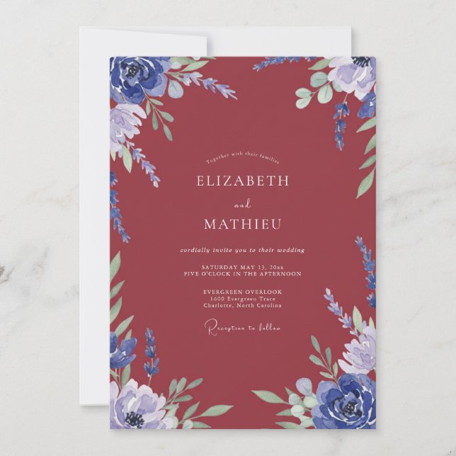 Maroon Periwinkle Leafy Wedding Invitation (Front)