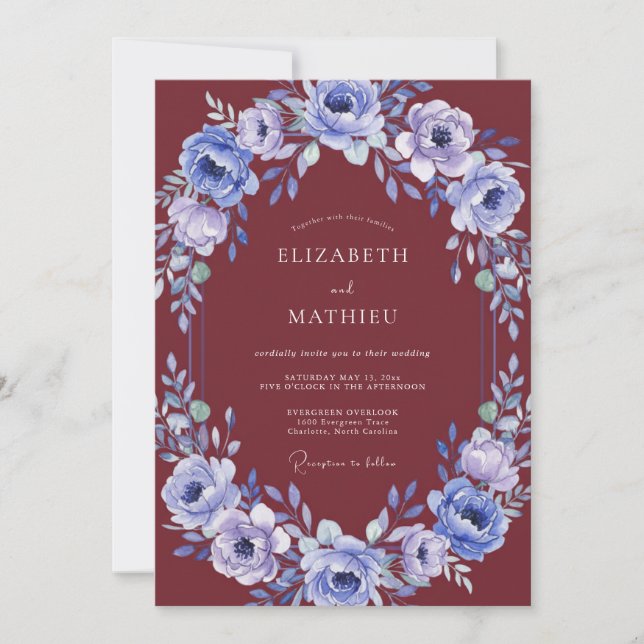 Maroon Periwinkle Watercolor Wedding Invitation (Front)