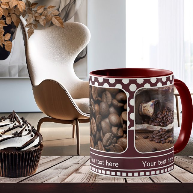 Maroon Personalized Photo Frame Coffee Mug (Photo mug with a coffee theme or your own favorite photos on retro chocolate polka dots)