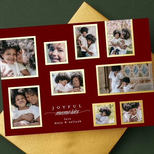 Maroon Photo Frames Collage Modern Joyful Moments Foil Holiday Card