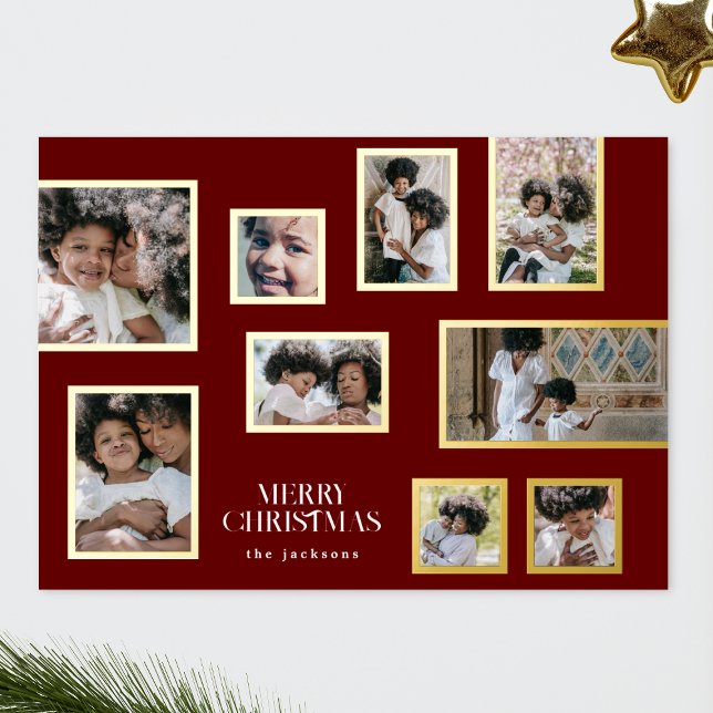 Maroon Photo Frames Collage Modern Merry Christmas Foil Holiday Card (Creator Uploaded)