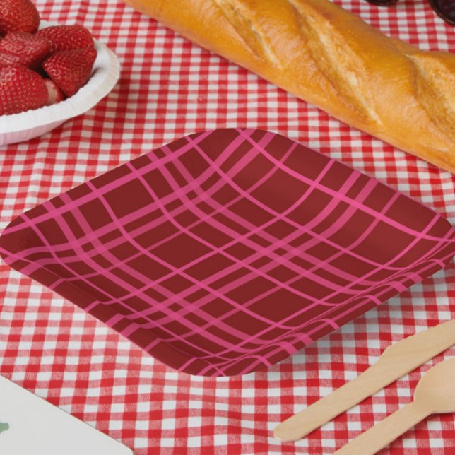 Maroon Pink Check Grid Plaid Design  Paper Plates (Creator Uploaded)
