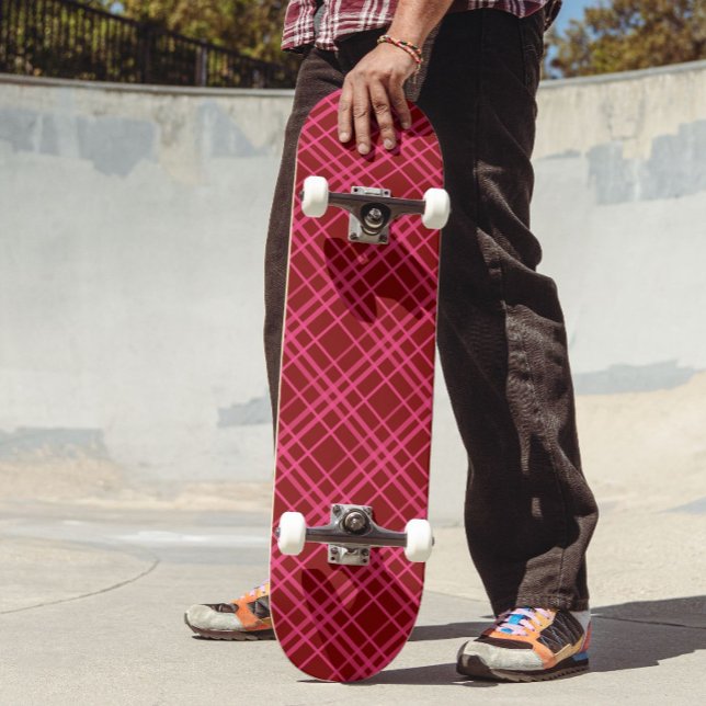 Maroon Pink Check Grid Plaid Design  Skateboard (Creator Uploaded)