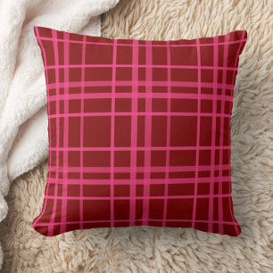 Maroon Pink Check Grid Plaid Design Throw Pillow