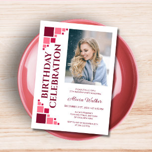 Maroon Pink Digital Frame Corner Photo Birthday  Invitation