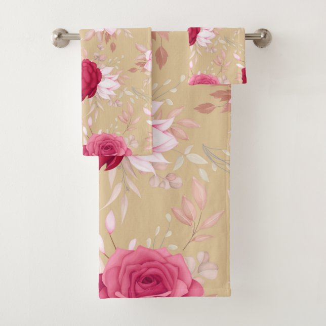  maroon  pink floral     bath towel set (Insitu)