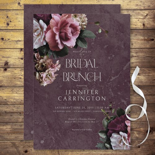 Maroon  Pink Floral Modern Bridal Brunch Invitation