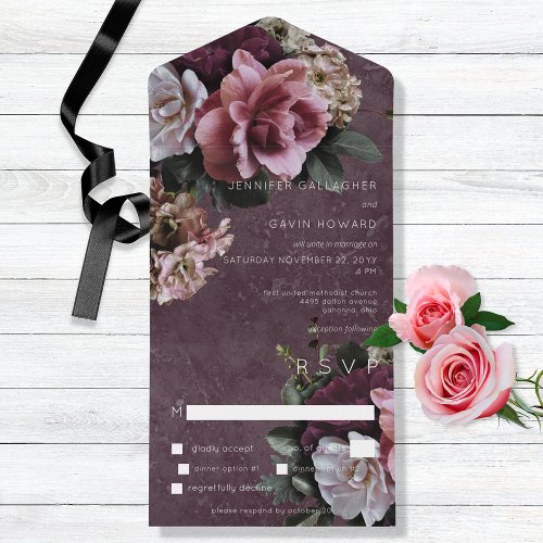 Maroon  Pink Floral Modern Dinner All In One Invitation