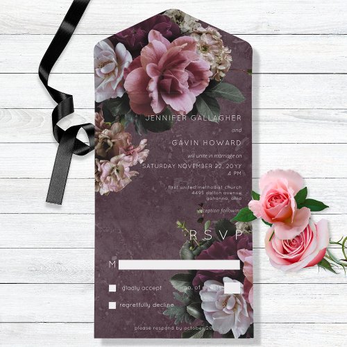 Maroon  Pink Floral Modern No Dinner All In One Invitation